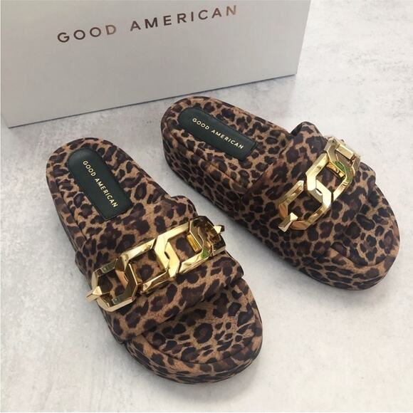 Good American Shoes - Good American Leopard Chain Platform Slide Sandal NEW